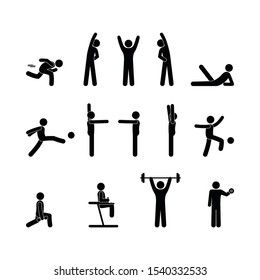 icons athletes, various sports, stick figure man pictogram, set of human silhouettes