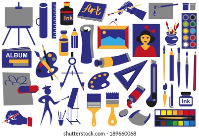 Icons with the attributes of art on a white background.
