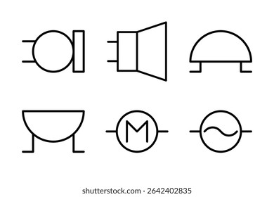 Icons of audio devices microphone, speaker and power sources AC, DC for circuit designs.
