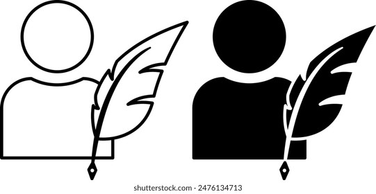 Iconos Autor. Icono de Vector blanco y negro del hombre con la pluma. Creator Video de Article, Audio o Concepto de blogger y redes sociales