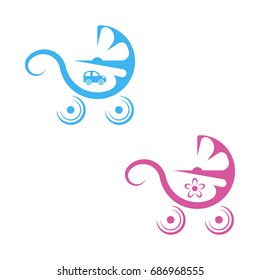 Icons baby carriage blue and pink colored.