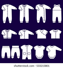 Icons baby clothes. Garments for infant kids. Vector set children's overalls, bodysuits, shirt, rompers, pants and baby's loose jacket. Collection white clothing on blue background.