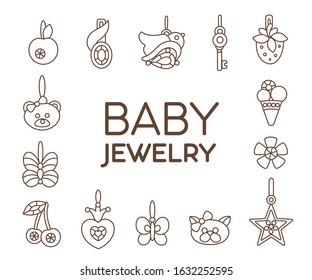 Icons of baby jewelry on, white background. Set of icons. Vector line