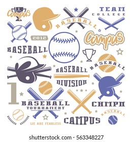 Icons and badges set of baseball team. Graphic design for t-shirt. Color print on white background