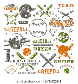 Equipo de íconos y badges de béisbol. Diseño gráfico para camiseta.