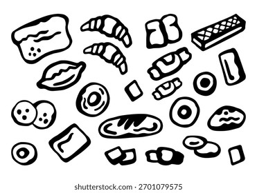 Ikonen von Backwaren verschiedener Arten und Formen. Vektorgrafik schwarz-weiß auf weißem, isoliertem Hintergrund
