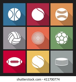 Icons Balls Of Various Sports With A Long Diagonal Shadow, Vector Illustration.