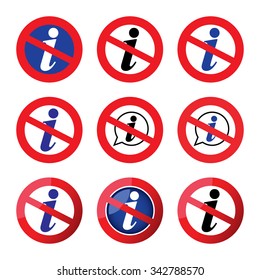 Icons ban asking background information in a red circle with a line. Set illustration vector.