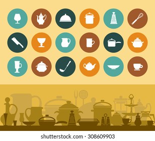 Icons and banner cookware and tableware