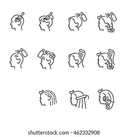 Icons of barber services for elderly people and children \ Line icons as dyeing, washing, styling
