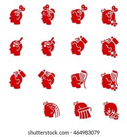Icons of barber services for elderly people and children / Glyph icons as dyeing, washing, styling
