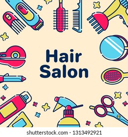 Icons for barber shop. Tools for the master in the beauty salon. Comb for hair, hair dryer, scissors, shampoo. Template greeting card or greeting card with a place for text.