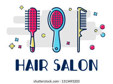 Icons for barber shop. Tools for the master in the beauty salon. Round comb, massage and scallop. Template greeting card or greeting card with a place for text.