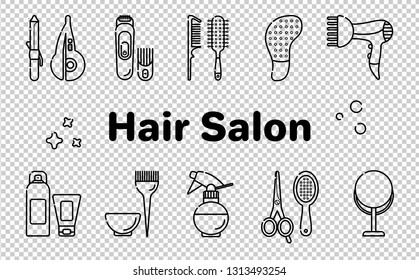 Icons for barber shop. Tools for the master in the beauty salon. Comb for hair, hair dryer, scissors, shampoo. Vector set of flat icons in linear style. Isolated objects on a transparent background.