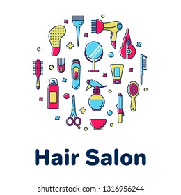 Icons for barber shop. Tools for the master in the beauty salon. Comb for hair, hair dryer, scissors, shampoo. Vector set of flat icons in linear style. Isolated objects, arranged in a circle.