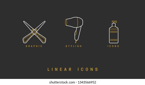 Icons barbershop in linear style. set of tools for hair care, comb brush, scissors. hairbrush icon vector graphics. logos for beauty saloon. appearance care items