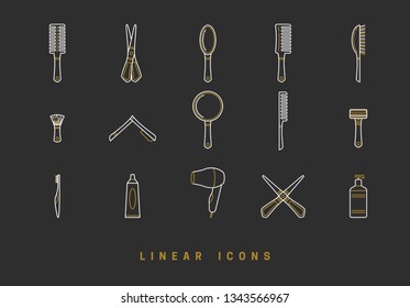 Icons barbershop in linear style. set of tools for hair care, comb brush, scissors. hairbrush icon vector graphics. logos for beauty saloon. appearance care items