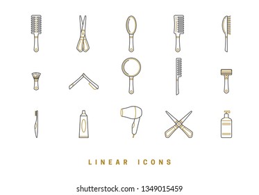 Icons barbershop in linear style. set of tools for hair care, comb brush, scissors. hairbrush icon vector graphics. logos for beauty saloon. appearance care items