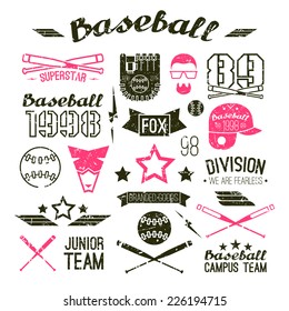 Icons baseball campus team in retro style. Graphic design elements print for t-shirt with shabby texture