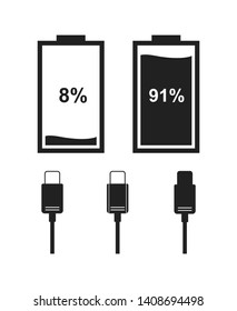 Icons of battery level indicator and type-c cable in black color. Vector icons for interface design.
