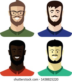 Icons bearded men of different races. Vector illustration isolated on white background.