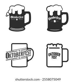 Icons of beer mugs with foam and Oсtoberfest lettering. Set of vector monochrome minimalistic icons