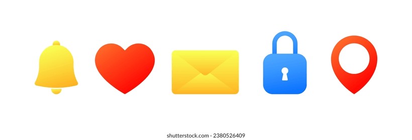 Icons of bell, heart, letter, lock, geolocation point. Flat, color, different icons, bell, heart, letter, lock for key, location points. Vector icons