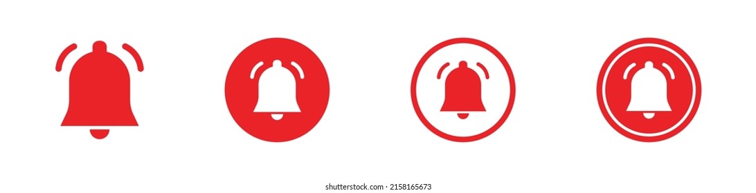 Icons of bells, alarms for alert notification. Ring, reminder, doorbell symbols for door push, web notice and phone call sound. Vector. Illustration of bells in line flat.