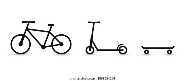 Icons: bike, scooter, skateboard. Wheel devices for sports. Black icons on a white background