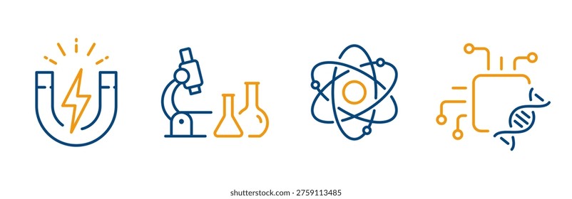 icons of biomedical electronics, magnet charge, peaceful atom, clinic laboratory, physics icon set, editable web symbols