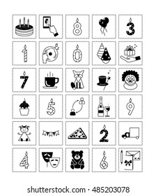 Icons birthday . Black and white vector icons for  birthday on a white background