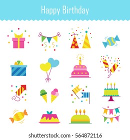 Icons birthday. Flat style. Vector illustration.