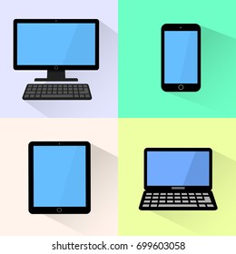 Icons of black computer, laptop, smart phone and tablet with blank screen. Flat design, vector illustration. EPS 10.