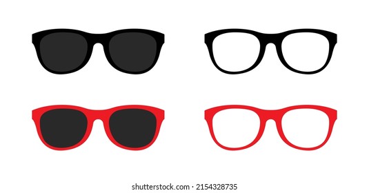 Icons of black and red glasses illustrations isolated. Cool sun glasses silhouettes for eyes. Vector. Retro sun glass frames for fashion spectacles, hipsters. Lens, oculars set.