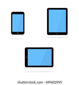 Icons of black smart phone and tablet with blank screen in ipad style . Flat design, vector illustration.