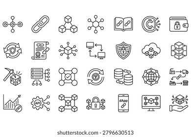 Icons for blockchain, cryptocurrency, digital assets, security, mining, smart contracts, dApps, and decentralized networks for finance and technology.