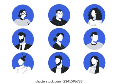 Icons blue and black Characters in the flat cartoon style. Black and white image of the faces of adults with an accent on a blue background. Vector illustration.