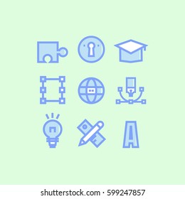 icons blue and white Creative idea degree Startup on green background