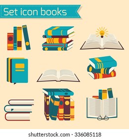 Icons of the book, icon encyclopedia textbook fairytale fantasy flat set on a light background, vector illustration.