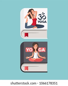 Icons of books about yoga. On the cover
a yogi girl in a lotus pose and a girl in a dove pose.
Text: Yoga and the symbol of yoga.