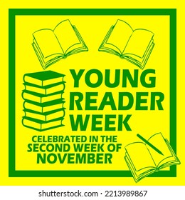 Icons of books with bold text in a frame on a yellow background to celebrate Young Readers Week in the second week of November