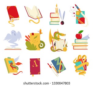 Icons of books vector set with dragon, bird feathers, candle, aple, bookmark and ribbon. Books in a stack, open, in a group, closed. Historical, scientific, fantastic, fairy tales, medieval, vintage.