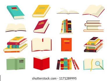 Icons books vector set in flat design style  Books in stack  open  in group  closed  the shelf  Reading  learn   receive education through books