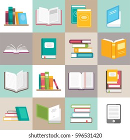 Icons of books vector set in a flat style. Books in a stack, open, in a group, closed, etc. Read, learn and receive education through books.