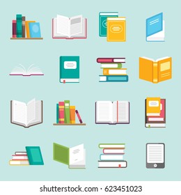 Icons of books vector set in a flat design style. Books in a stack, open, in a group, closed, on the shelf. Reading, learn and receive education through books.