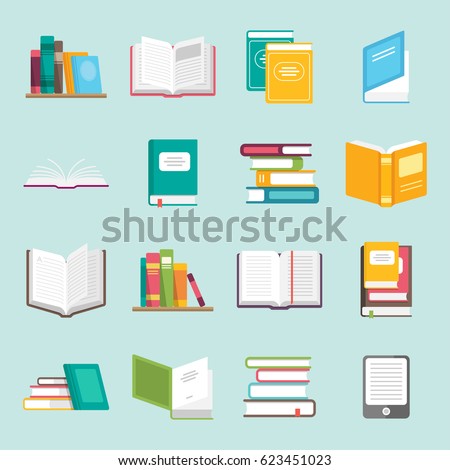 Icons of books vector set in a flat design style. Books in a stack, open, in a group, closed, on the shelf. Reading, learn and receive education through books.