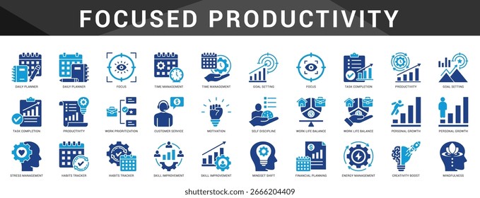Icons to boost productivity with goal setting, planning, motivation, focus, and balance for peak personal performance.