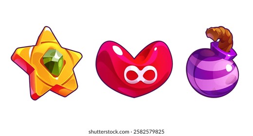Icons of boosters for the game, explosives. Star grenade, and heart with infinity sign in cartoon style. Vector illustration
