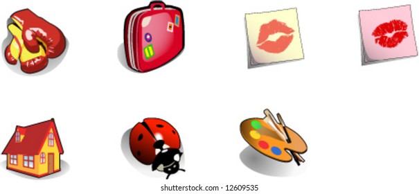 Icons: boxing-glove, suitcase, kiss, house, ladybird, palette