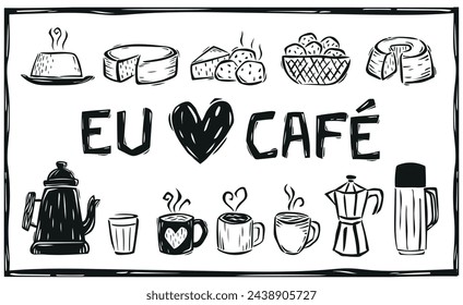 Icons breakfast, cheese, cheese bread, coffee, teapot, mug, cup, cake. Brazilian cordel woodcut.